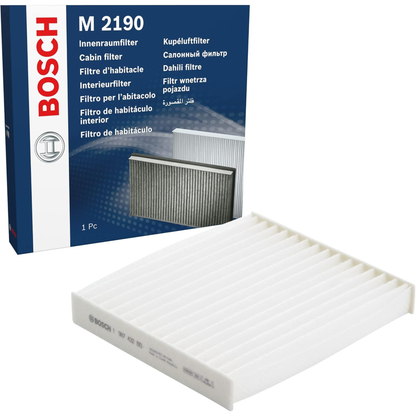 1987432190 - M2190,"Bosch Cabin Air Pollen Filter model 1987432190 (M2190), rectangular automotive air filter with pleated white filtration material and black frame, designed to remove pollen, dust, and other airborne particles from vehicle interiors."