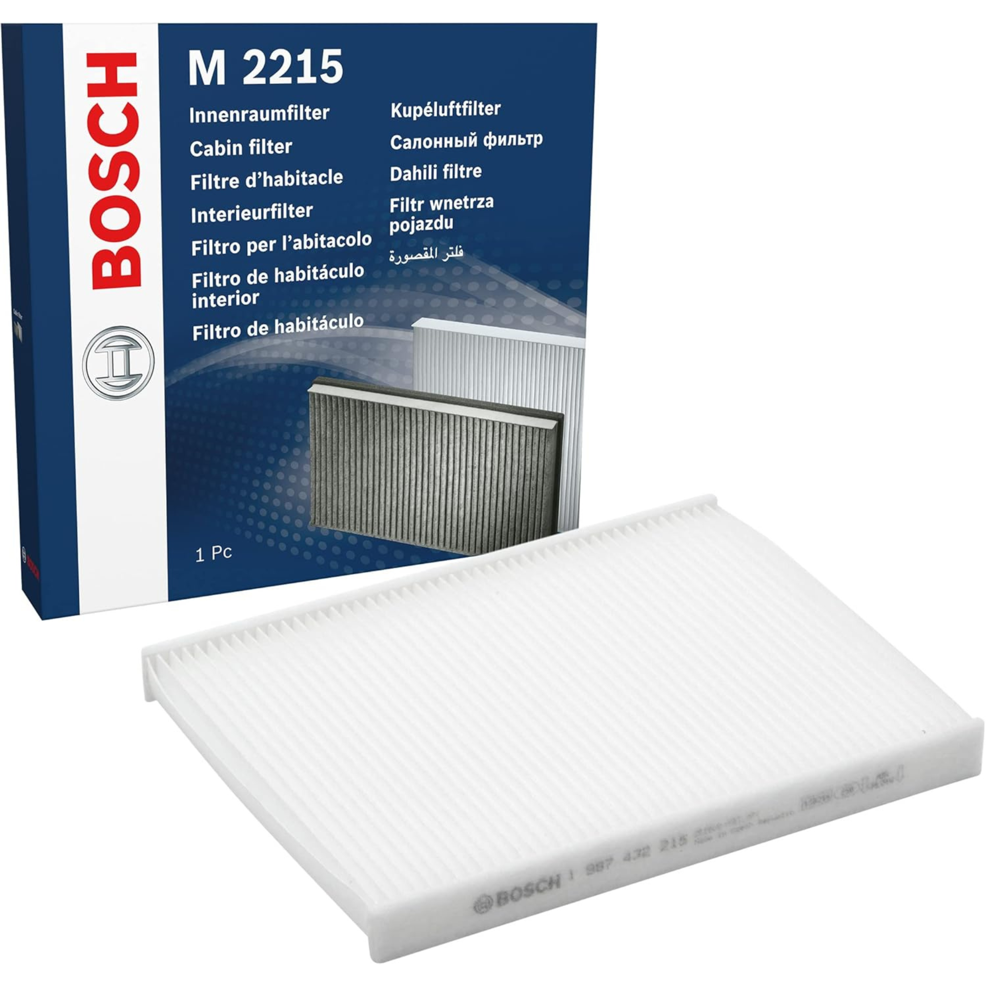 1987432215 - M2215,"Bosch Cabin Air Pollen Filter model 1987432215 (M2215), rectangular automotive air filter with pleated white filtration material and black frame, designed to remove pollen, dust, and other airborne particles from vehicle interiors."