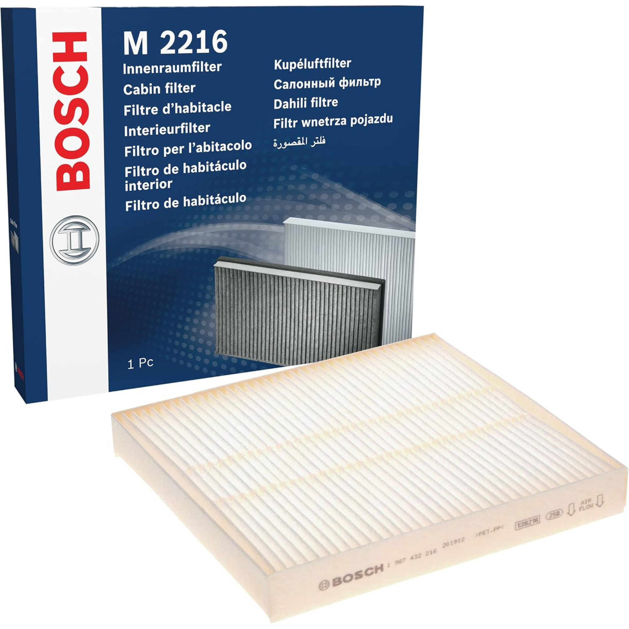1987432216 - M2216,"Bosch Cabin Air Pollen Filter model 1987432216 (M2216), rectangular automotive air filter with pleated white filtration material and black frame, designed to remove pollen, dust, and other airborne particles from vehicle interiors."