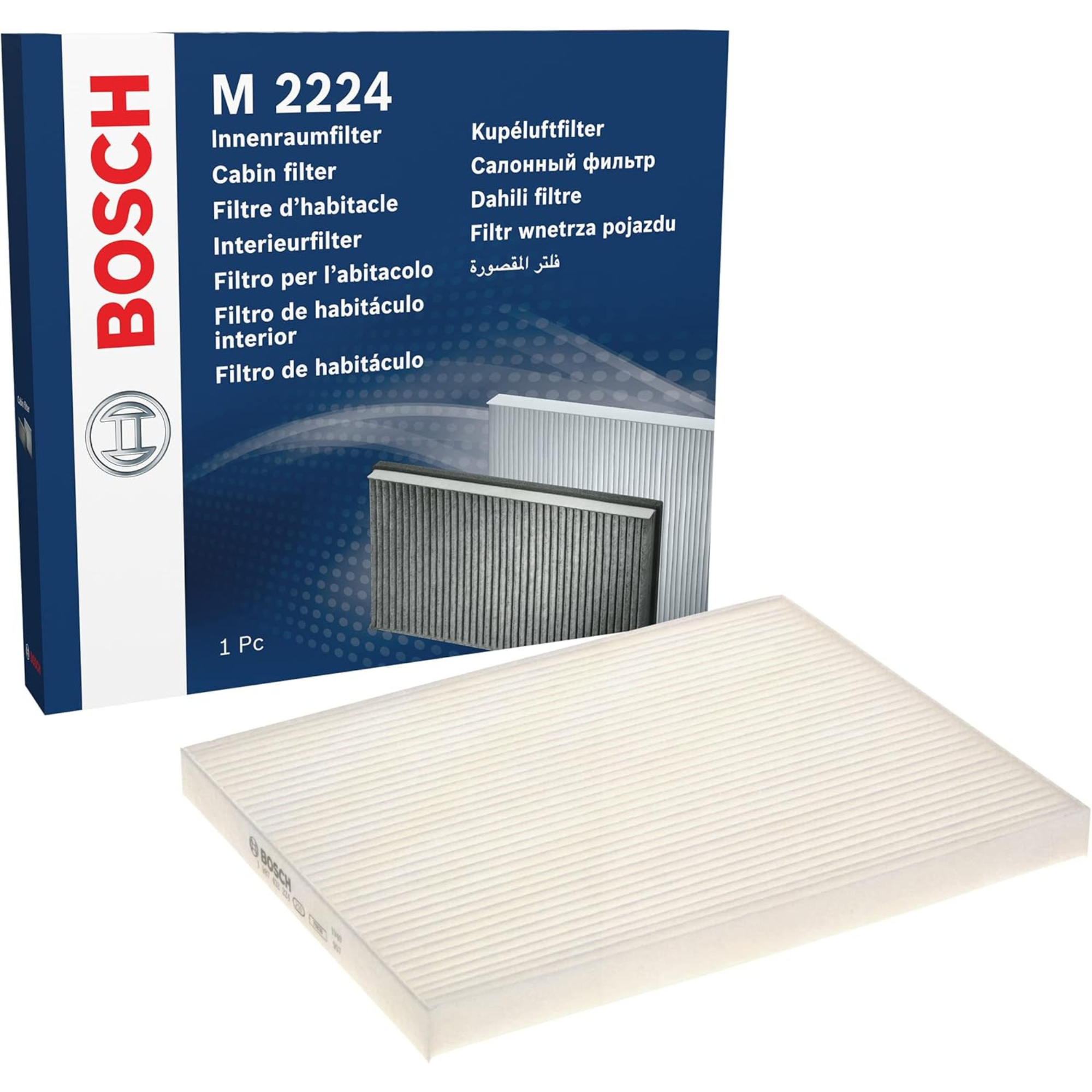1987432224 - M2224,"Bosch Cabin Air Pollen Filter model 1987432224 (M2224), rectangular automotive air filter with pleated white filtration material and black frame, designed to remove pollen, dust, and other airborne particles from vehicle interiors."