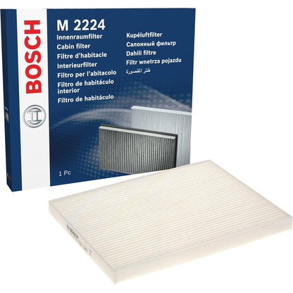 1987432224 - M2224,"Bosch Cabin Air Pollen Filter model 1987432224 (M2224), rectangular automotive air filter with pleated white filtration material and black frame, designed to remove pollen, dust, and other airborne particles from vehicle interiors."