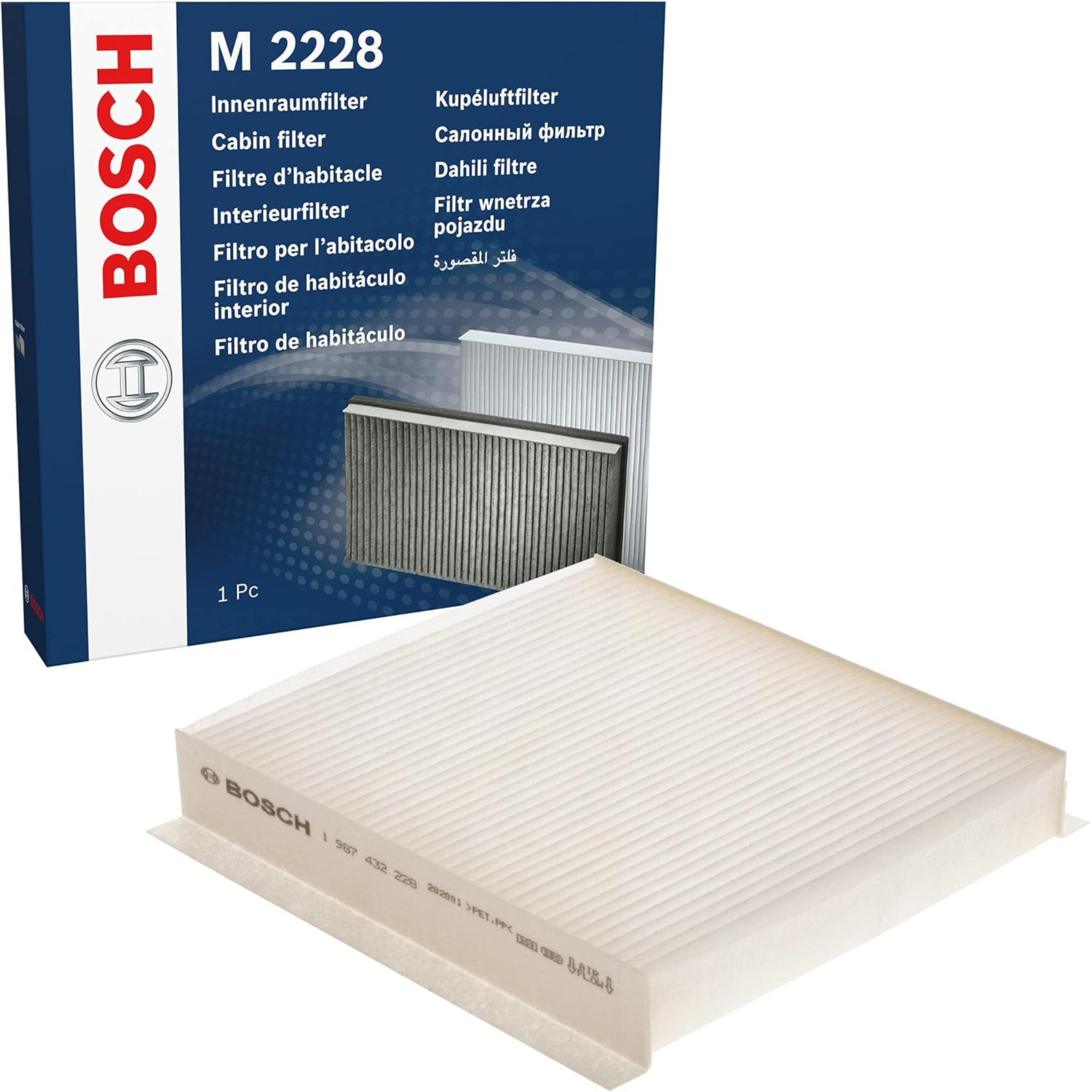 1987432228 - M2228,"Bosch Cabin Air Pollen Filter model 1987432228 (M2228), rectangular automotive air filter with pleated white filtration material and black frame, designed to remove pollen, dust, and other airborne particles from vehicle interiors."