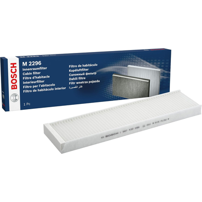 1987432296 - M2296,"Bosch Cabin Air Pollen Filter model 1987432296 (M2296), rectangular automotive air filter with pleated white filtration material and black frame, designed to remove pollen, dust, and other airborne particles from vehicle interiors."