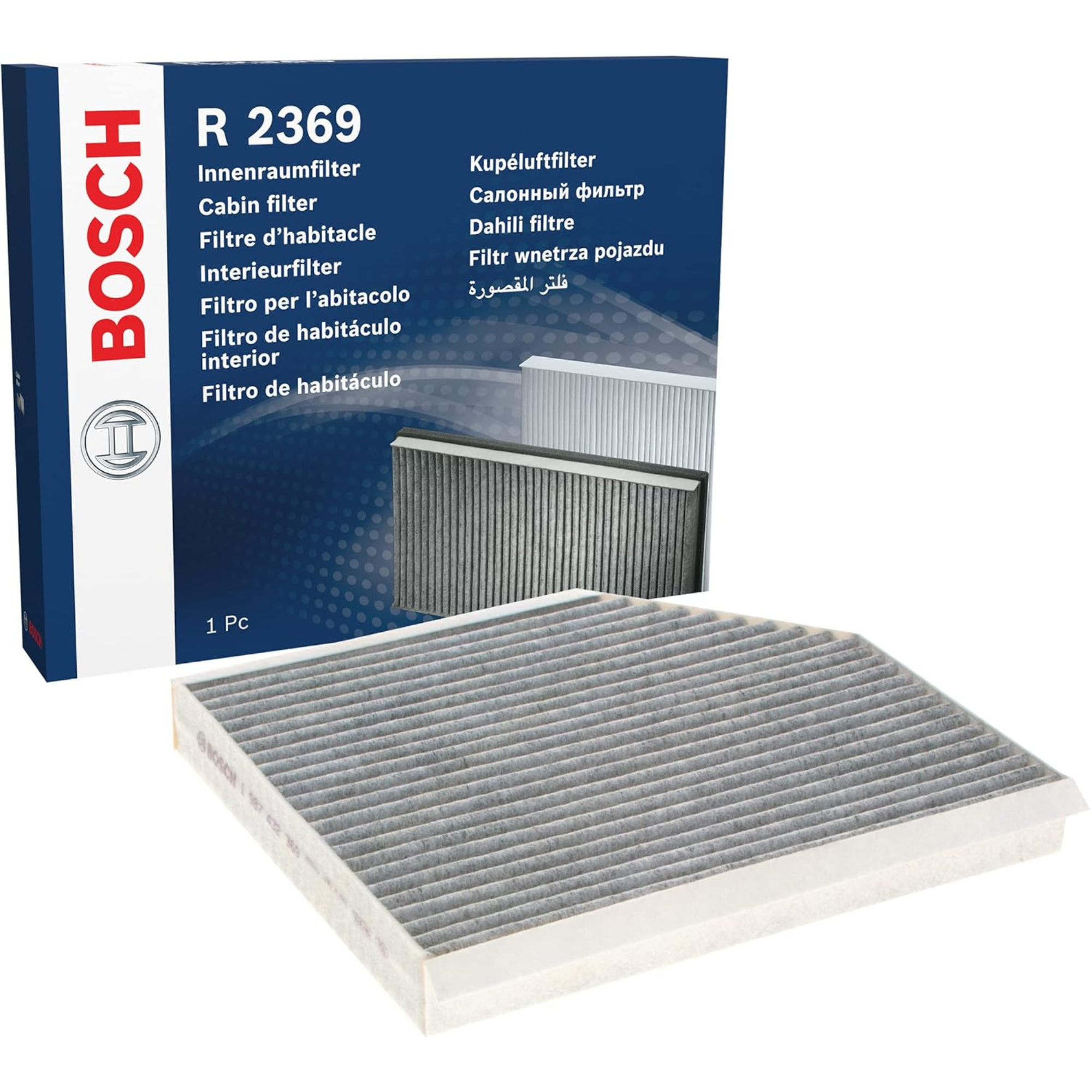1987432369 - R2369,"Bosch Cabin Air Pollen Filter model 1987432369 (R2369), rectangular automotive air filter with pleated white filtration material and black frame, designed to remove pollen, dust, and other airborne particles from vehicle interiors."