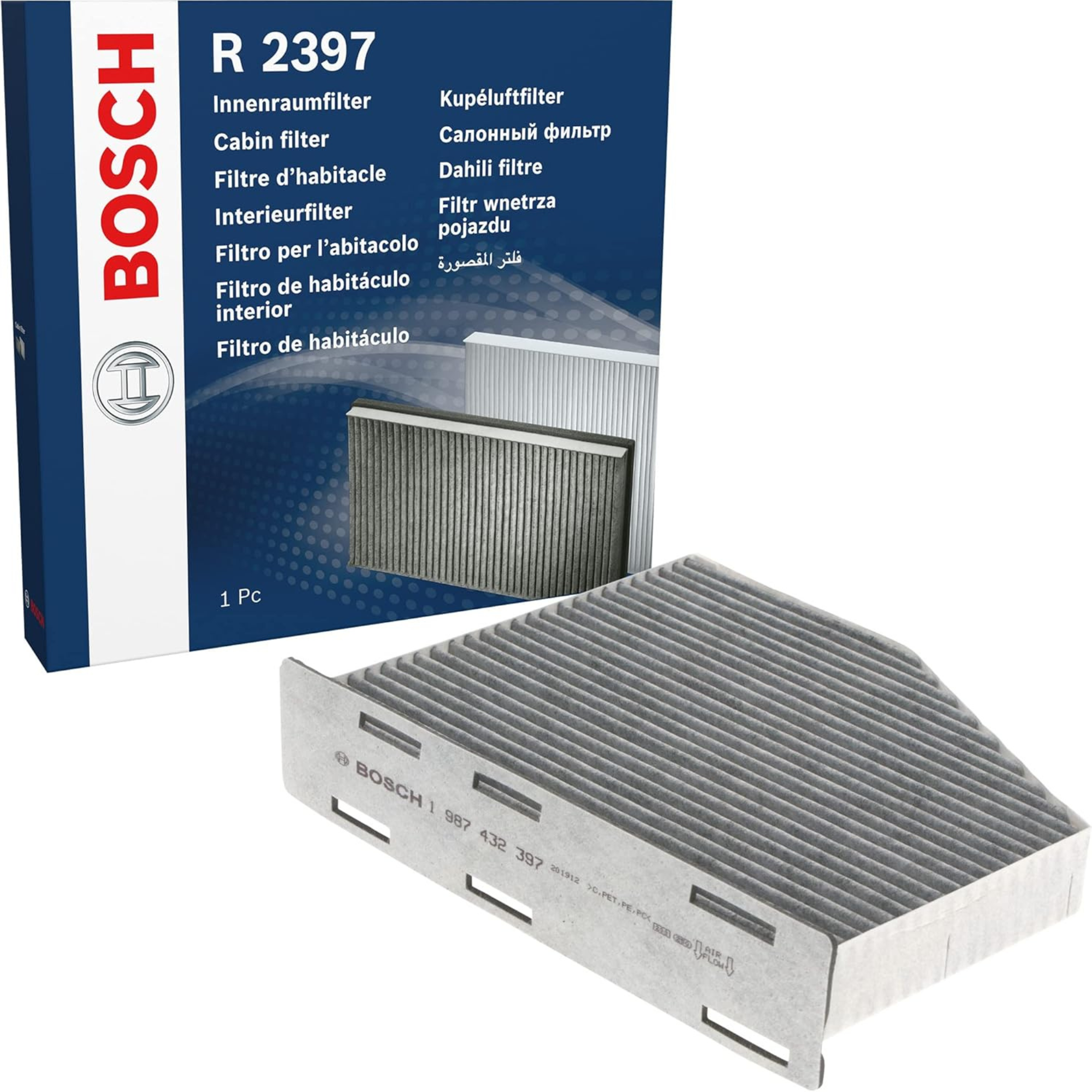 1987432397 - R2397,"Bosch Cabin Air Pollen Filter model 1987432397 (R2397), rectangular automotive air filter with pleated white filtration material and black frame, designed to remove pollen, dust, and other airborne particles from vehicle interiors."