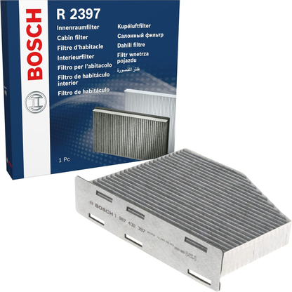 1987432397 - R2397,"Bosch Cabin Air Pollen Filter model 1987432397 (R2397), rectangular automotive air filter with pleated white filtration material and black frame, designed to remove pollen, dust, and other airborne particles from vehicle interiors."