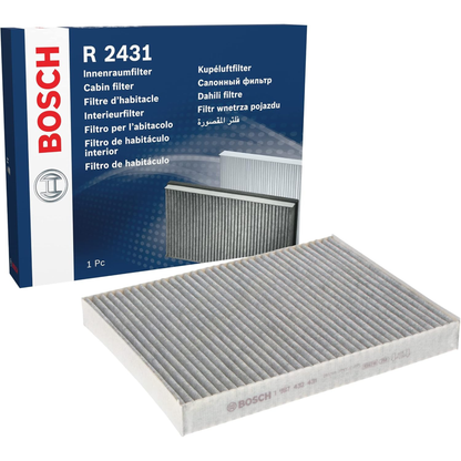 1987432431 - R2431,"Bosch Cabin Air Pollen Filter model 1987432431 (R2431), rectangular automotive air filter with pleated white filtration material and black frame, designed to remove pollen, dust, and other airborne particles from vehicle interiors."