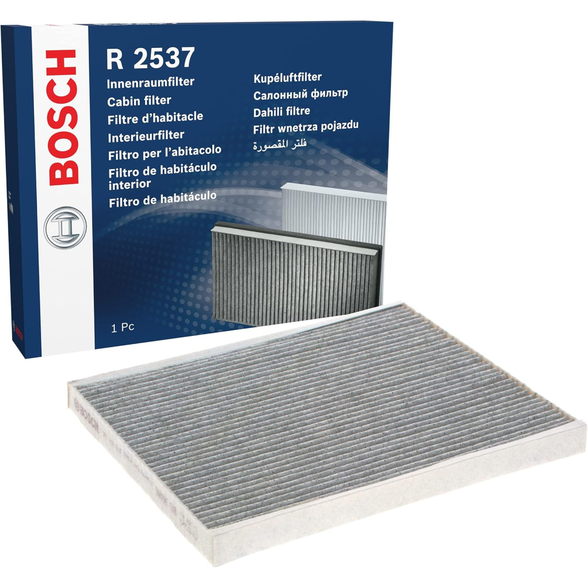 1987432537 - M2537,"Bosch Cabin Air Pollen Filter model 1987432537 (M2537), rectangular automotive air filter with pleated white filtration material and black frame, designed to remove pollen, dust, and other airborne particles from vehicle interiors."