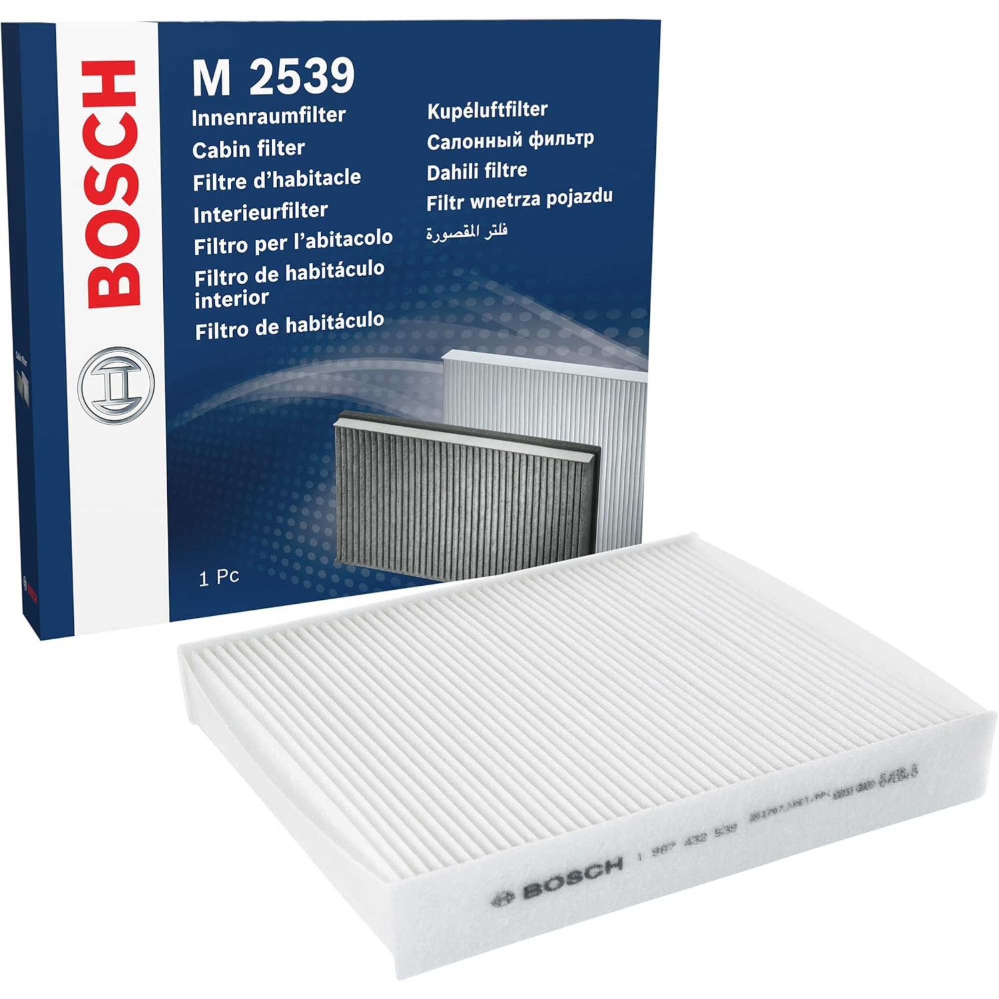 1987432539 - M2539,"Bosch Cabin Air Pollen Filter model 1987432539 (M2539), rectangular automotive air filter with pleated white filtration material and black frame, designed to remove pollen, dust, and other airborne particles from vehicle interiors."