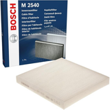 1987432540 - M2540,"Bosch Cabin Air Pollen Filter model 1987432540 (M2540), rectangular automotive air filter with pleated white filtration material and black frame, designed to remove pollen, dust, and other airborne particles from vehicle interiors."