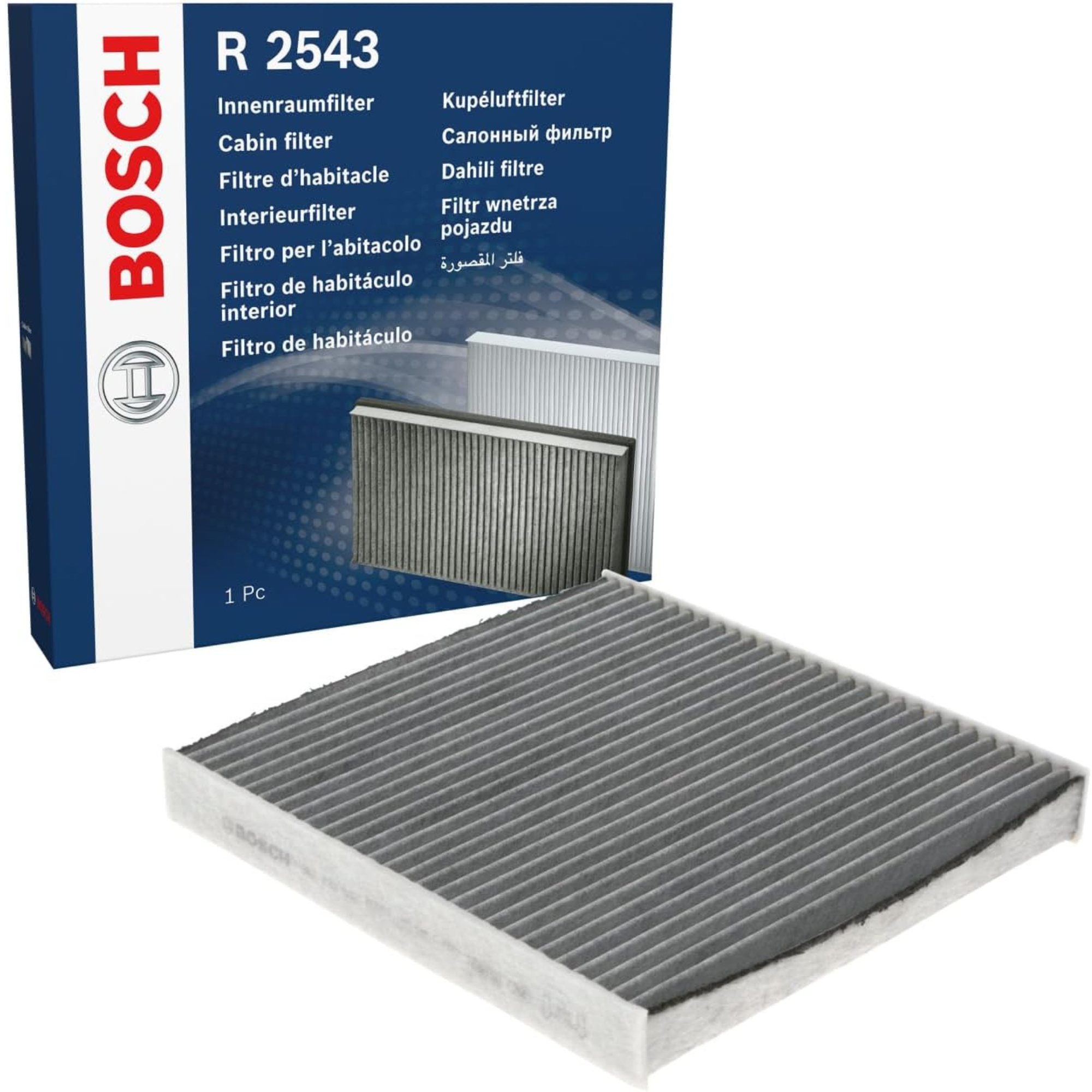 1987432543 - R2543,"Bosch Cabin Air Pollen Filter model 1987432543 (R2543), rectangular automotive air filter with pleated white filtration material and black frame, designed to remove pollen, dust, and other airborne particles from vehicle interiors."