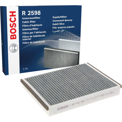 1987432598 - R2598,"Bosch Cabin Air Pollen Filter model 1987432598 (R2598), rectangular automotive air filter with pleated white filtration material and black frame, designed to remove pollen, dust, and other airborne particles from vehicle interiors."