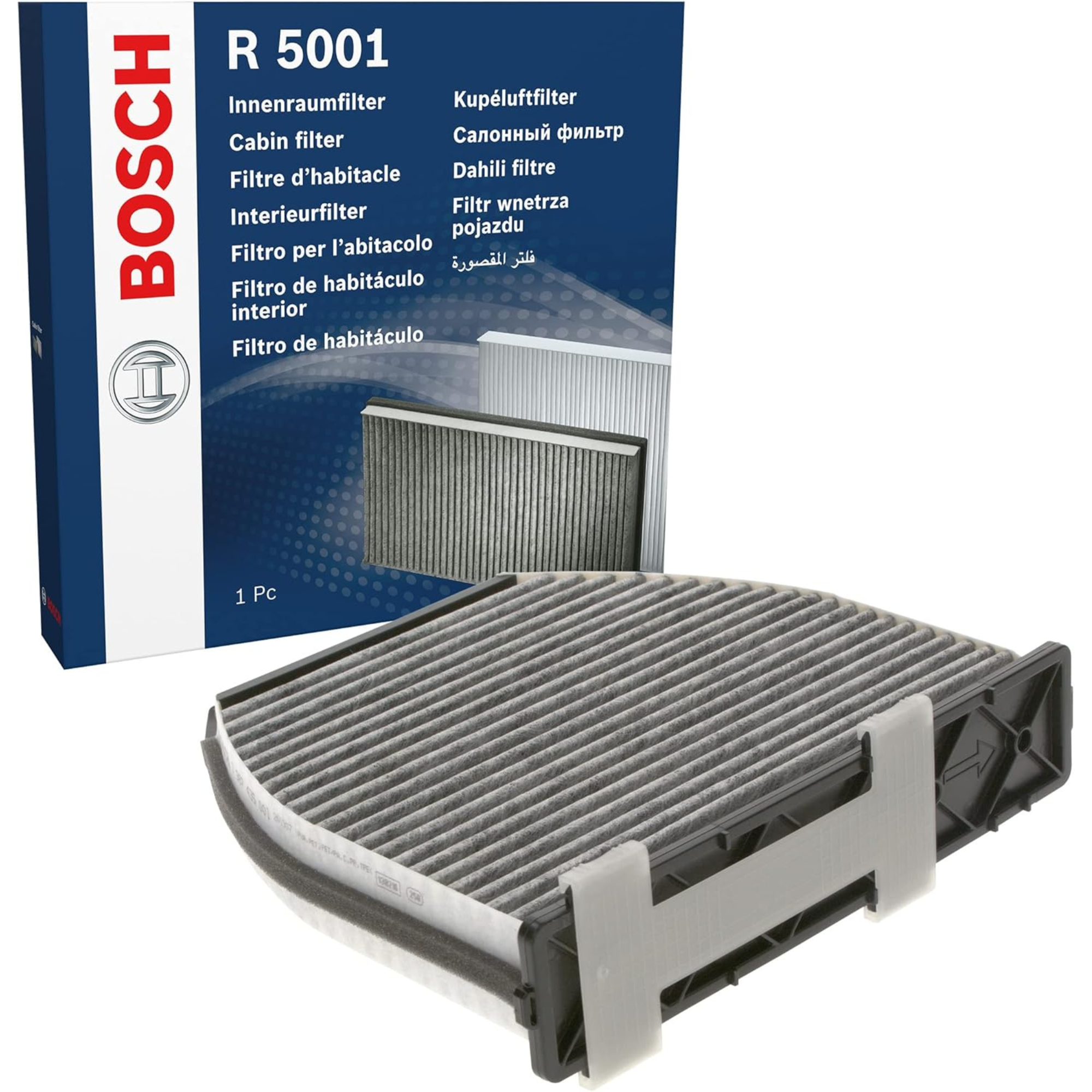 1987435001 - R5001,"Bosch Cabin Air Pollen Filter model 1987435001 (R5001), rectangular automotive air filter with pleated white filtration material and black frame, designed to remove pollen, dust, and other airborne particles from vehicle interiors."