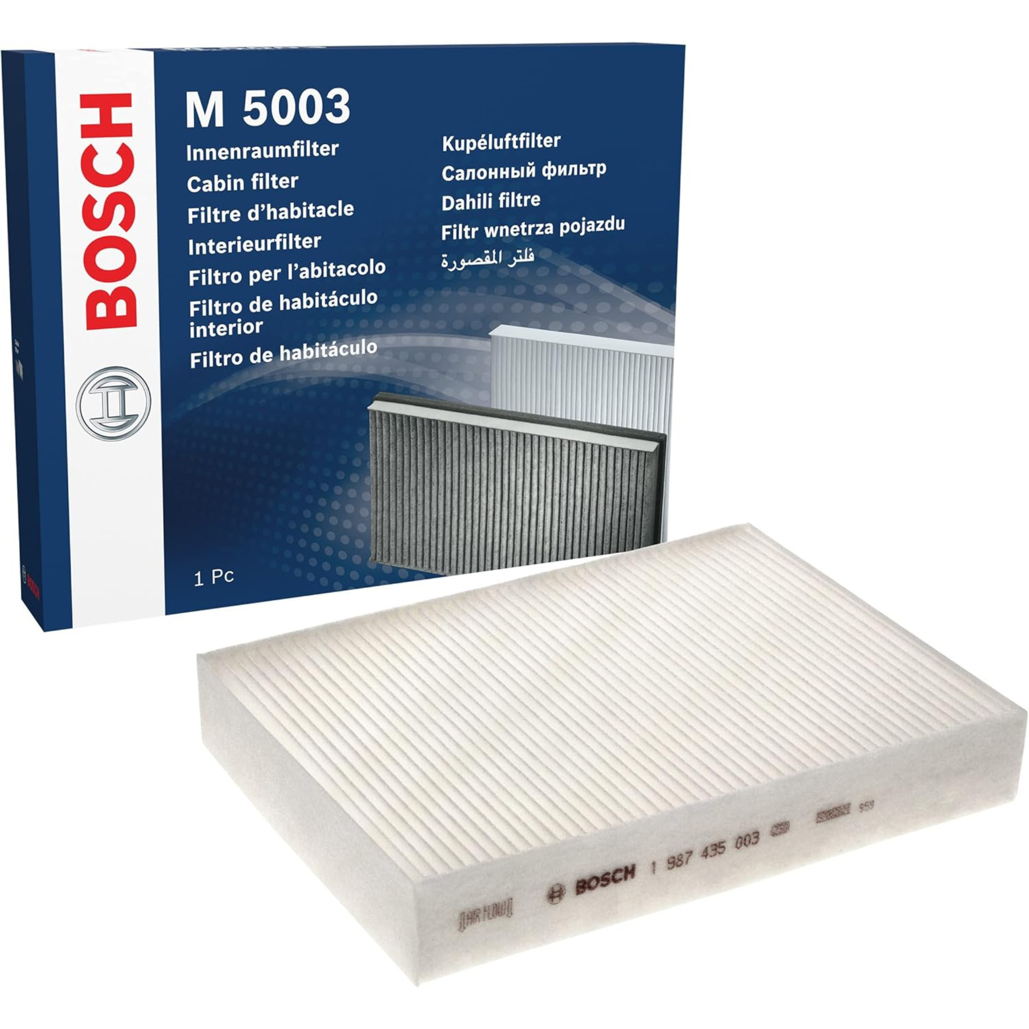 1987435003 - M5003,"Bosch Cabin Air Pollen Filter model 1987435003 (M5003), rectangular automotive air filter with pleated white filtration material and black frame, designed to remove pollen, dust, and other airborne particles from vehicle interiors."