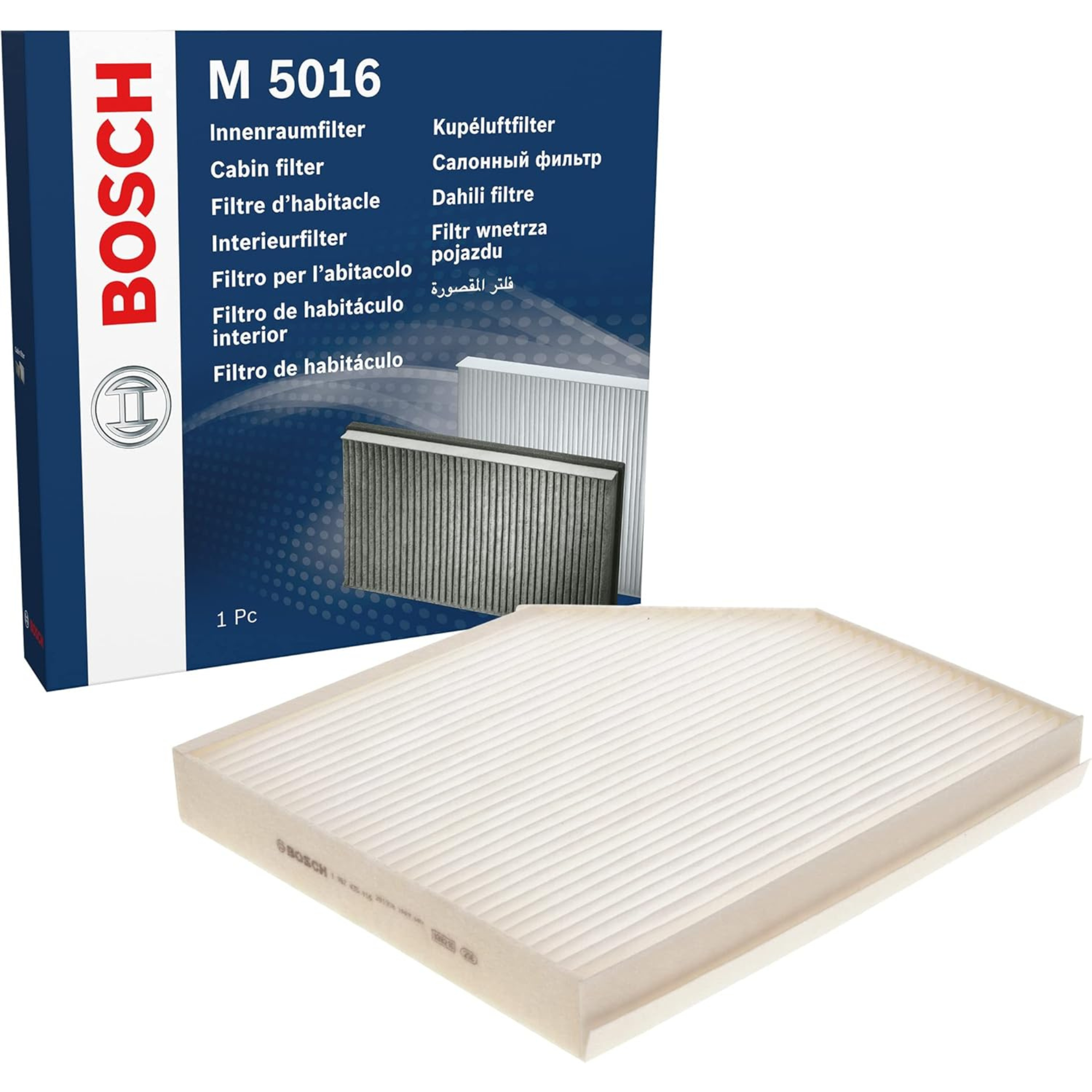 1987435016 - M5016,"Bosch Cabin Air Pollen Filter model 1987435016 (M5016), rectangular automotive air filter with pleated white filtration material and black frame, designed to remove pollen, dust, and other airborne particles from vehicle interiors."
