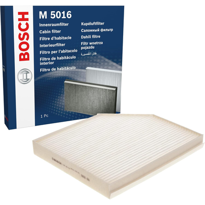 1987435016 - M5016,"Bosch Cabin Air Pollen Filter model 1987435016 (M5016), rectangular automotive air filter with pleated white filtration material and black frame, designed to remove pollen, dust, and other airborne particles from vehicle interiors."
