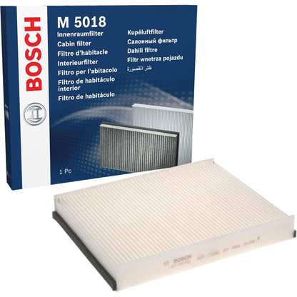1987435002 - M5002,"Bosch Cabin Air Pollen Filter model 1987435002 (M5002), rectangular automotive air filter with pleated white filtration material and black frame, designed to remove pollen, dust, and other airborne particles from vehicle interiors."