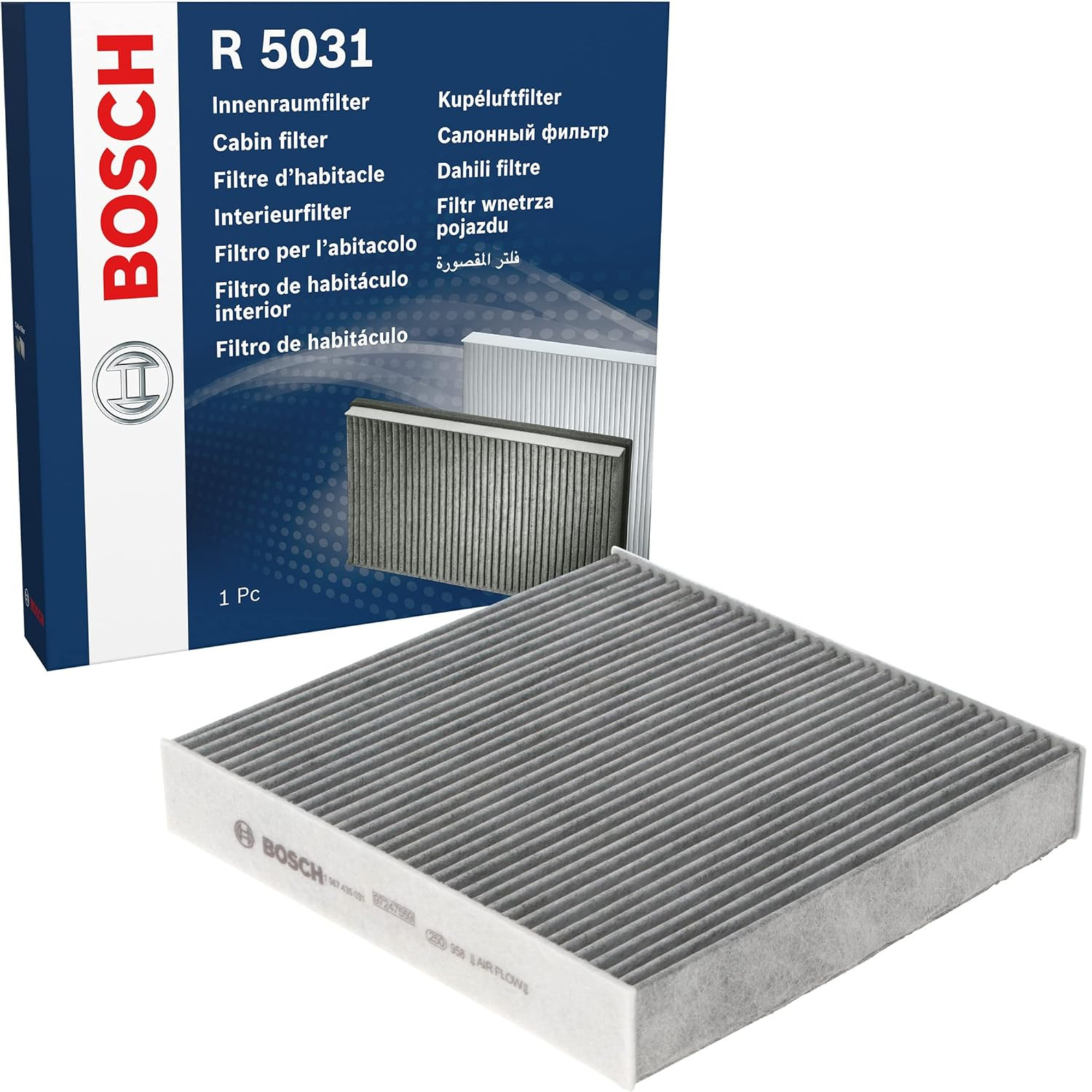 1987435031 - M5031,"Bosch Cabin Air Pollen Filter model 1987435031 (M5031), rectangular automotive air filter with pleated white filtration material and black frame, designed to remove pollen, dust, and other airborne particles from vehicle interiors."
