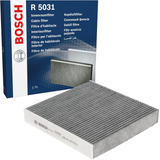 1987435031 - M5031,"Bosch Cabin Air Pollen Filter model 1987435031 (M5031), rectangular automotive air filter with pleated white filtration material and black frame, designed to remove pollen, dust, and other airborne particles from vehicle interiors."