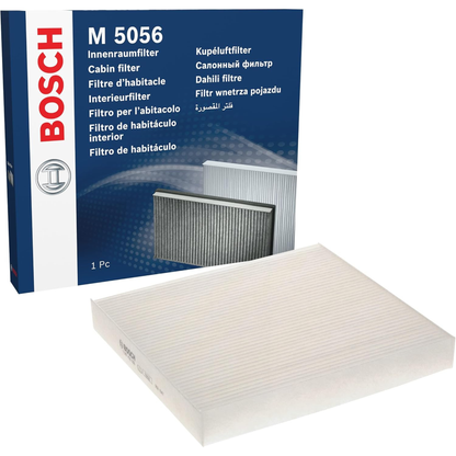 1987435056 - M5056,"Bosch Cabin Air Pollen Filter model 1987435056 (M5056), rectangular automotive air filter with pleated white filtration material and black frame, designed to remove pollen, dust, and other airborne particles from vehicle interiors."