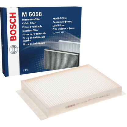 1987435058 - M5058,"Bosch Cabin Air Pollen Filter model 1987435058 (M5058), rectangular automotive air filter with pleated white filtration material and black frame, designed to remove pollen, dust, and other airborne particles from vehicle interiors."