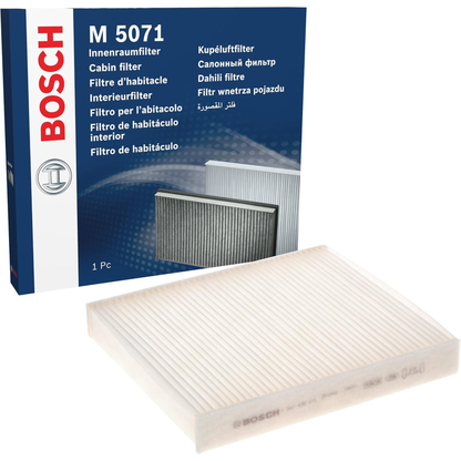 1987435071 - M5071,"Bosch Cabin Air Pollen Filter model 1987435071 (M5071), rectangular automotive air filter with pleated white filtration material and black frame, designed to remove pollen, dust, and other airborne particles from vehicle interiors."