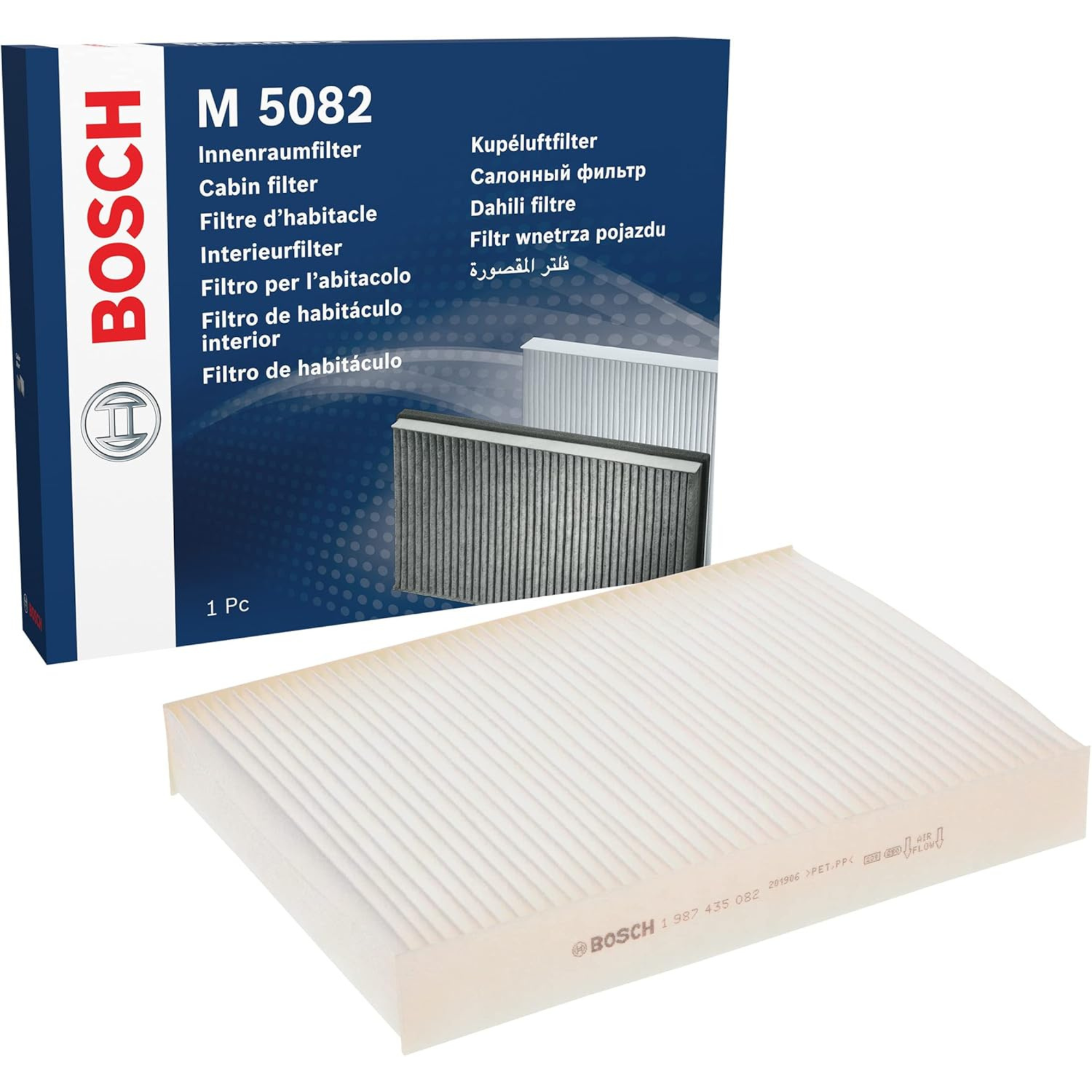 1987435082 - M5082,"Bosch Cabin Air Pollen Filter model 1987435082 (M5082), rectangular automotive air filter with pleated white filtration material and black frame, designed to remove pollen, dust, and other airborne particles from vehicle interiors."