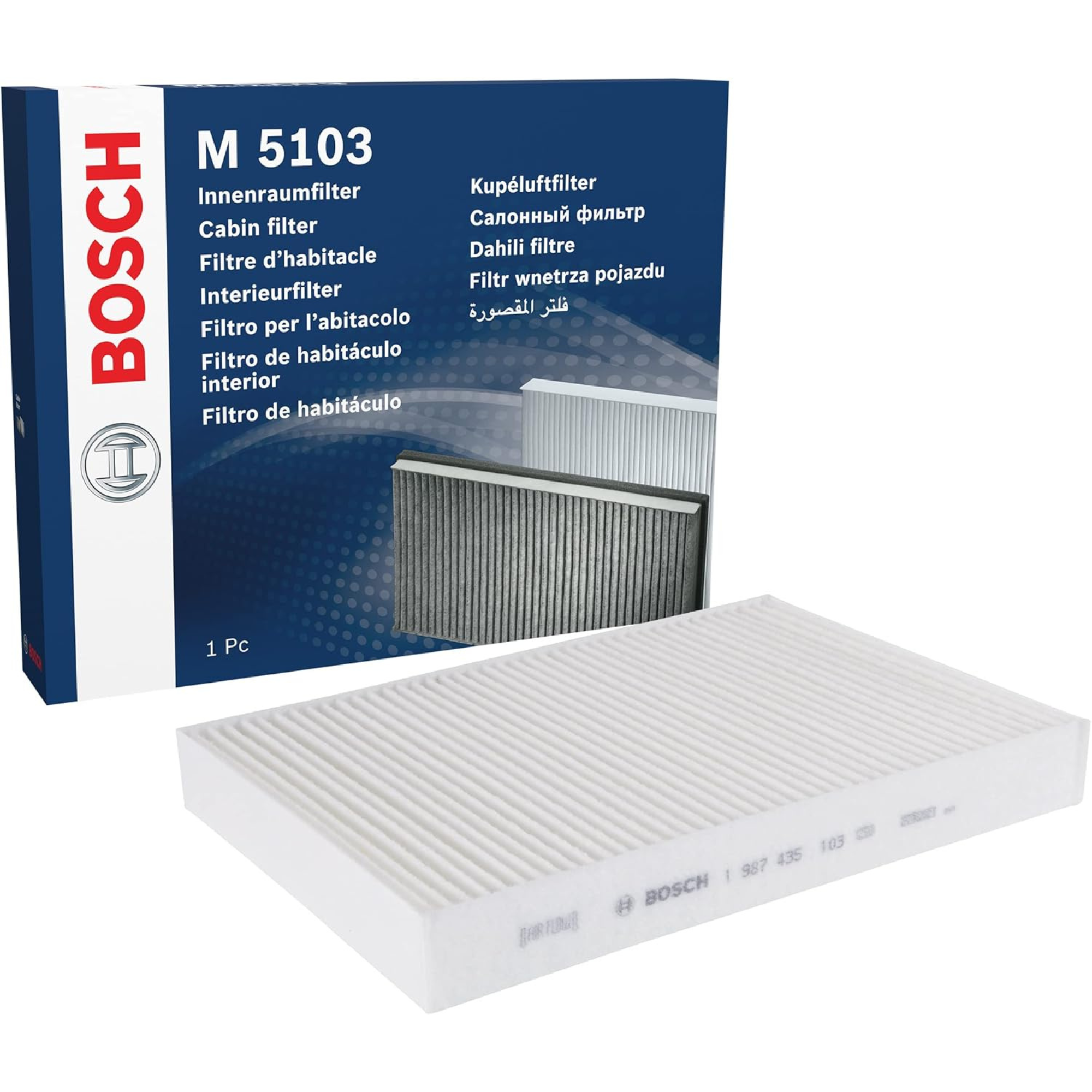1987435103 - M5103,"Bosch Cabin Air Pollen Filter model 1987435103 (M5103), rectangular automotive air filter with pleated white filtration material and black frame, designed to remove pollen, dust, and other airborne particles from vehicle interiors."