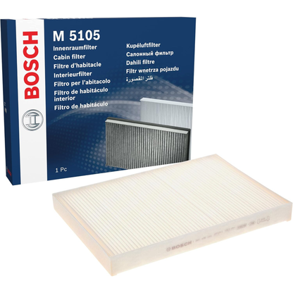1987435105 - M5105,"Bosch Cabin Air Pollen Filter model 1987435105 (M5105), rectangular automotive air filter with pleated white filtration material and black frame, designed to remove pollen, dust, and other airborne particles from vehicle interiors."