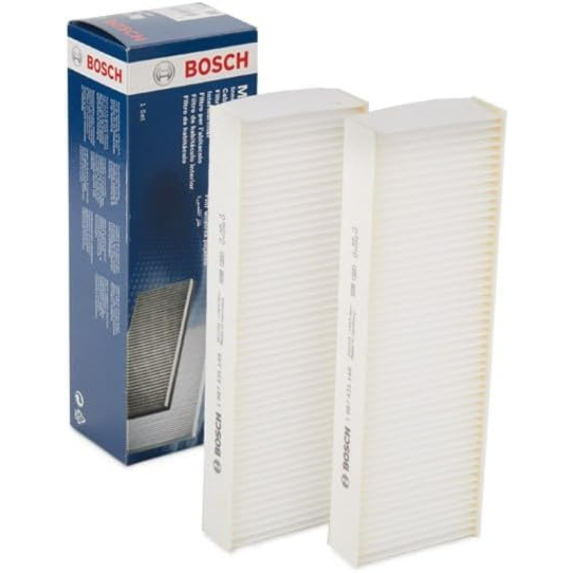 1987435149 - M5149,"Bosch Cabin Air Pollen Filter model 1987435149 (M5149), rectangular automotive air filter with pleated white filtration material and black frame, designed to remove pollen, dust, and other airborne particles from vehicle interiors."