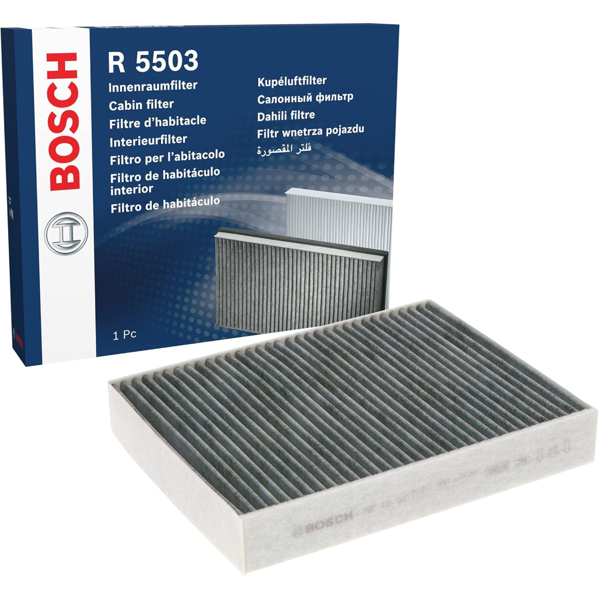 1987435503 - R5503,"Bosch Cabin Air Pollen Filter model 1987435503 (R5503), rectangular automotive air filter with pleated white filtration material and black frame, designed to remove pollen, dust, and other airborne particles from vehicle interiors."
