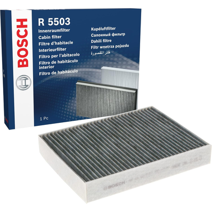 1987435503 - R5503,"Bosch Cabin Air Pollen Filter model 1987435503 (R5503), rectangular automotive air filter with pleated white filtration material and black frame, designed to remove pollen, dust, and other airborne particles from vehicle interiors."