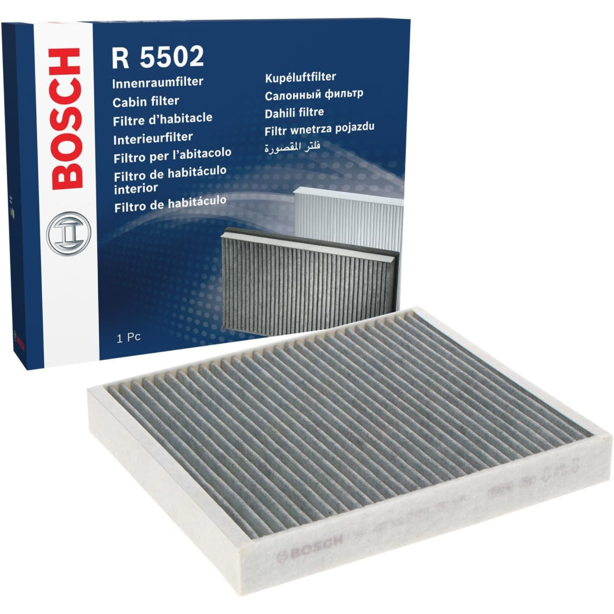 1987435556 - R5556,"Bosch Cabin Air Pollen Filter model 1987435556 (R5556), rectangular automotive air filter with pleated white filtration material and black frame, designed to remove pollen, dust, and other airborne particles from vehicle interiors."