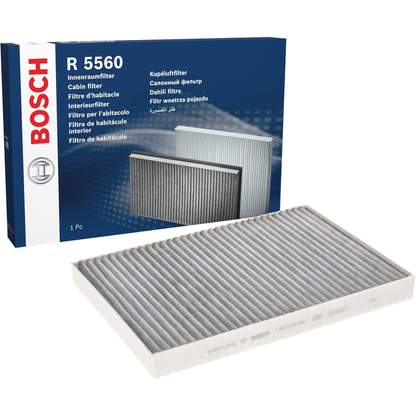 1987435560 - R5560,"Bosch Cabin Air Pollen Filter model 1987435560 (R5560), rectangular automotive air filter with pleated white filtration material and black frame, designed to remove pollen, dust, and other airborne particles from vehicle interiors."