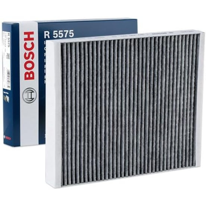 1987435575 - R5575,"Bosch Cabin Air Pollen Filter model 1987435575 (R5575), rectangular automotive air filter with pleated white filtration material and black frame, designed to remove pollen, dust, and other airborne particles from vehicle interiors."