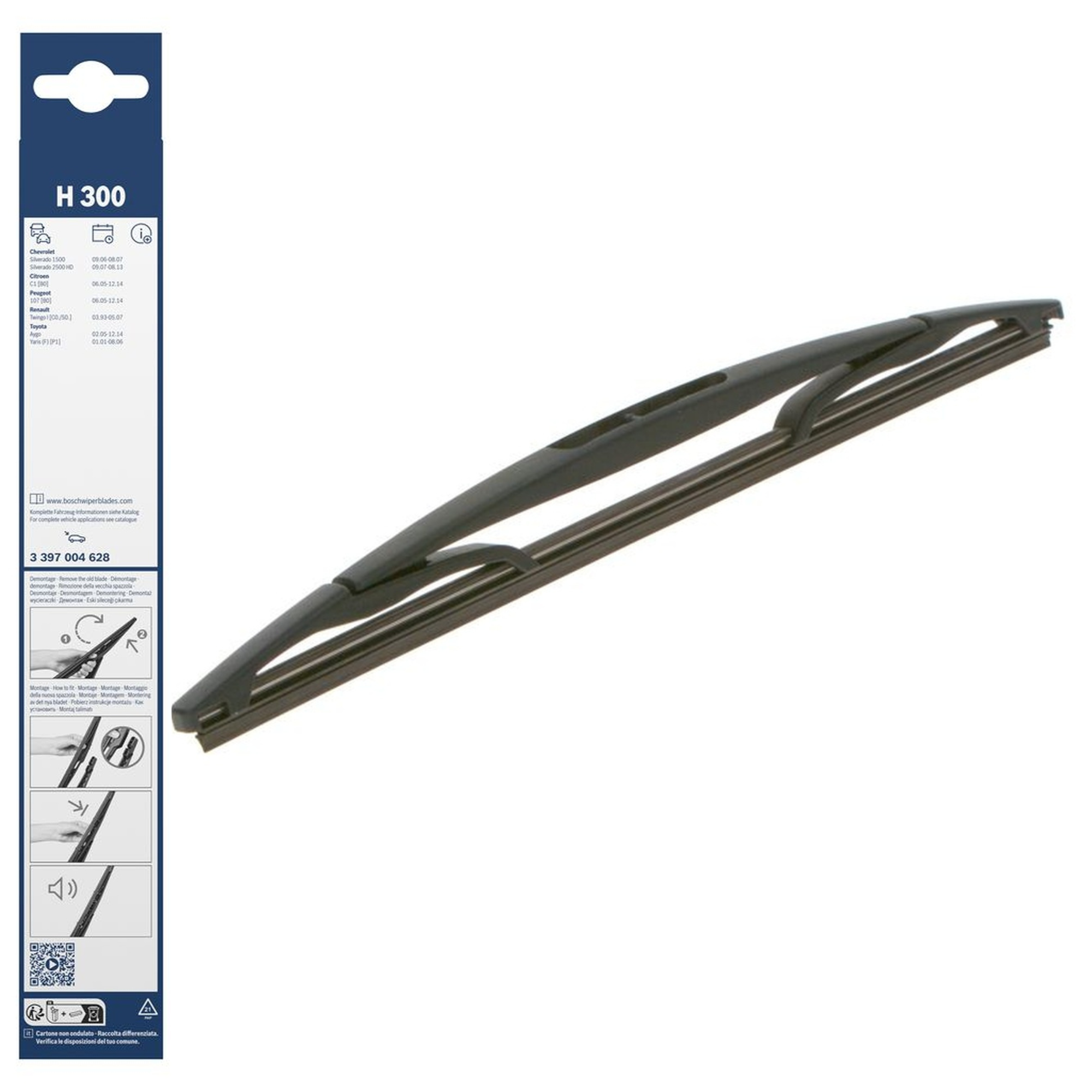 Bosch conventional rear wiper blade, 12-inch (300mm), replacement rear windshield wiper for vehicles, model H300