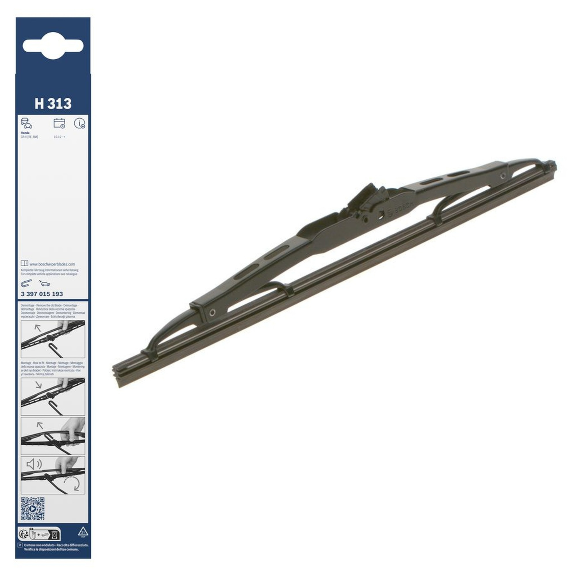 Bosch conventional rear wiper blade, 12-inch (300mm), replacement rear windshield wiper for vehicles, model H313