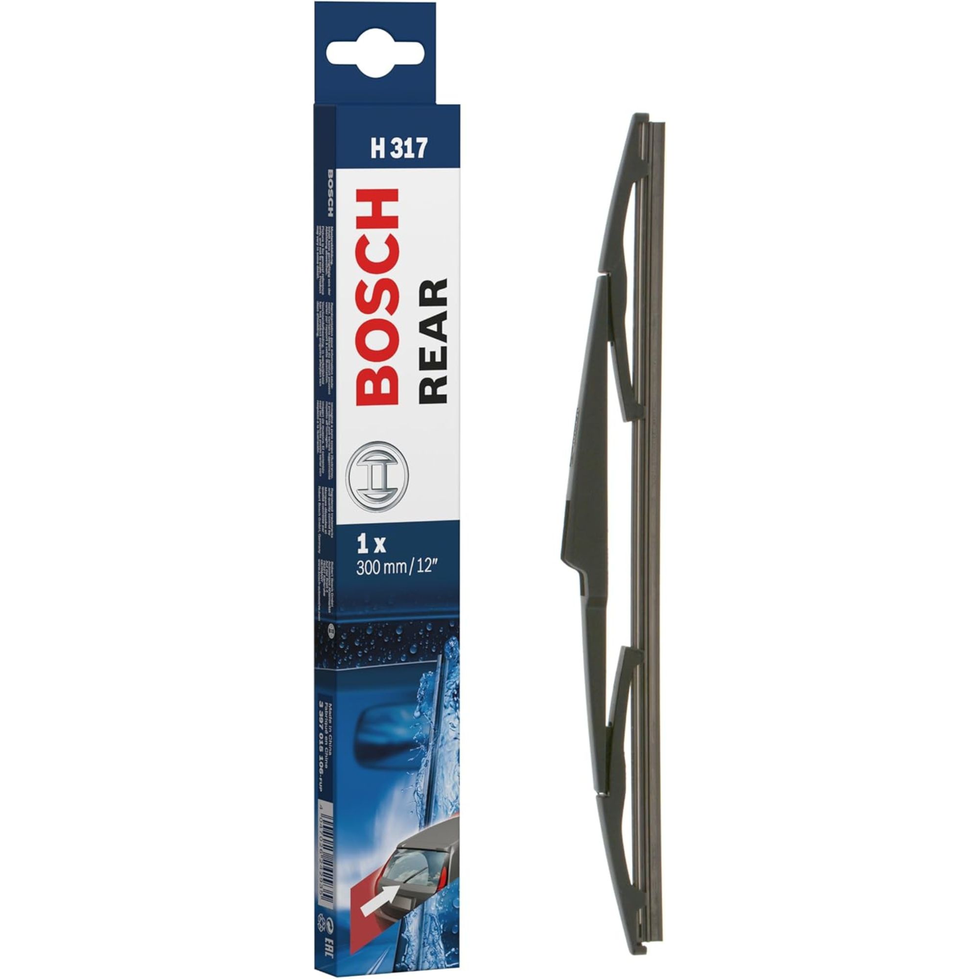 Bosch Conventional Rear Wiper Blade H317, 12-inch (300 mm) rear windshield wiper with a traditional frame design for reliable wiping performance and clear rear visibility in wet conditions.
