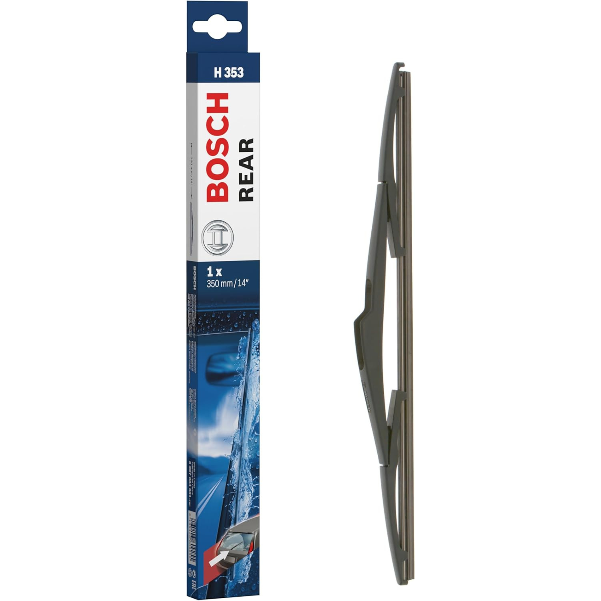 Bosch Conventional Rear Wiper Blade 14-inch (350 mm) model H353, a compact rear windshield wiper with a traditional frame design for reliable clearing of rain and debris.