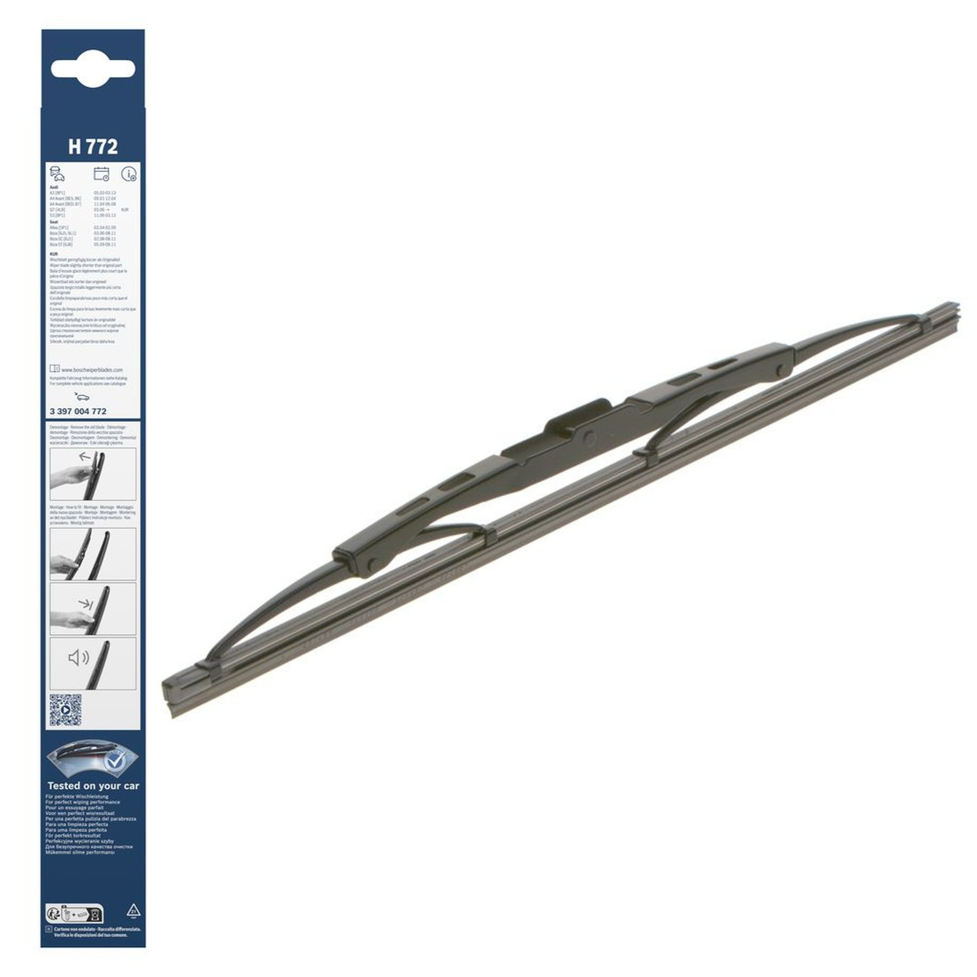 Bosch Conventional Rear Wiper Blade H772, 14-inch (350 mm) rear windshield wiper with a traditional metal frame design for reliable wiping performance and clear rear visibility in rainy conditions