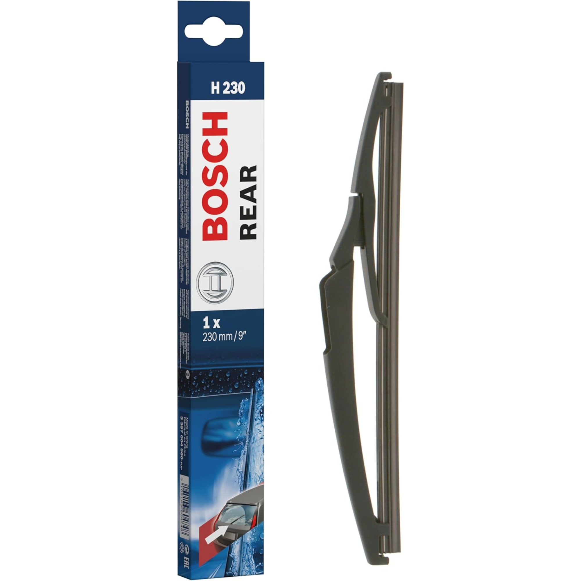 Bosch conventional rear wiper blade, 9-inch (230mm), replacement rear windshield wiper for vehicles, model H230
