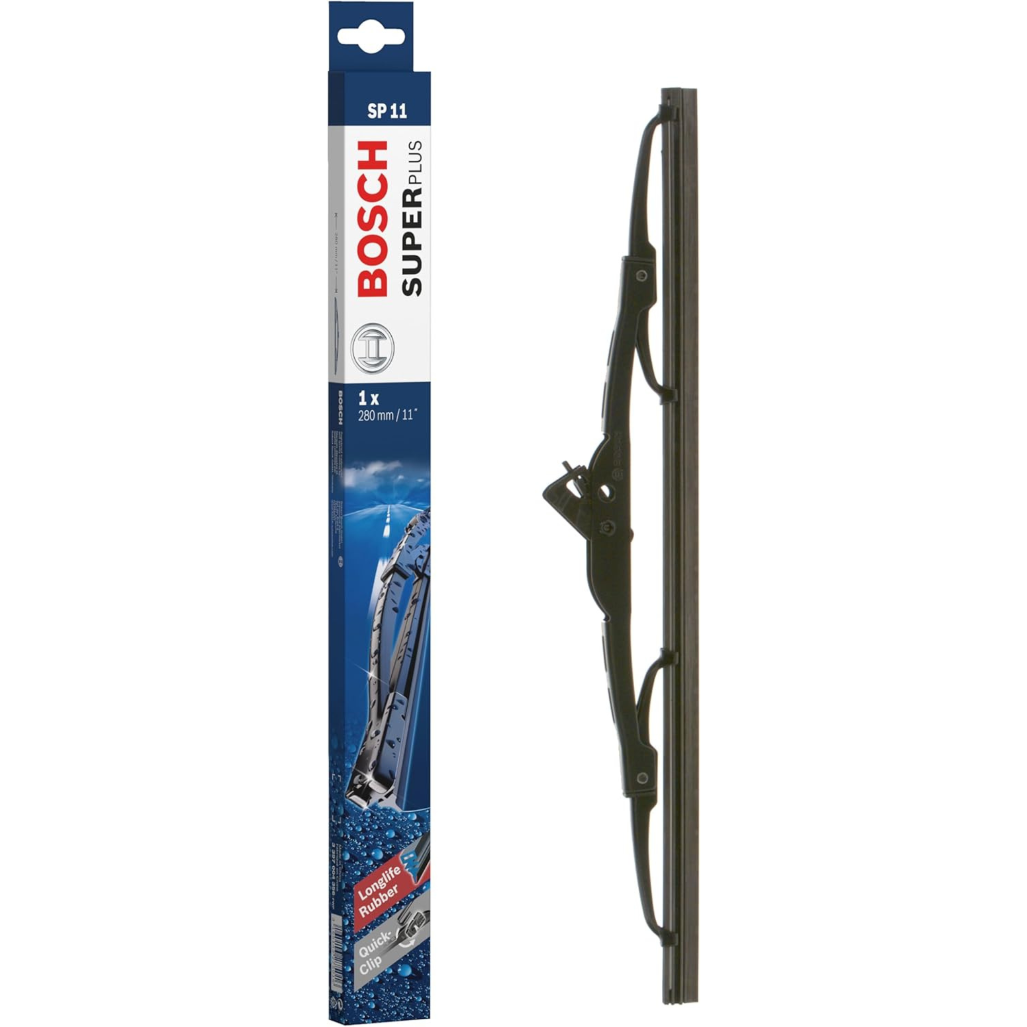 Bosch Super Plus conventional windshield wiper blade, 11-inch (280mm), replacement metal frame car wiper blade, model SP11