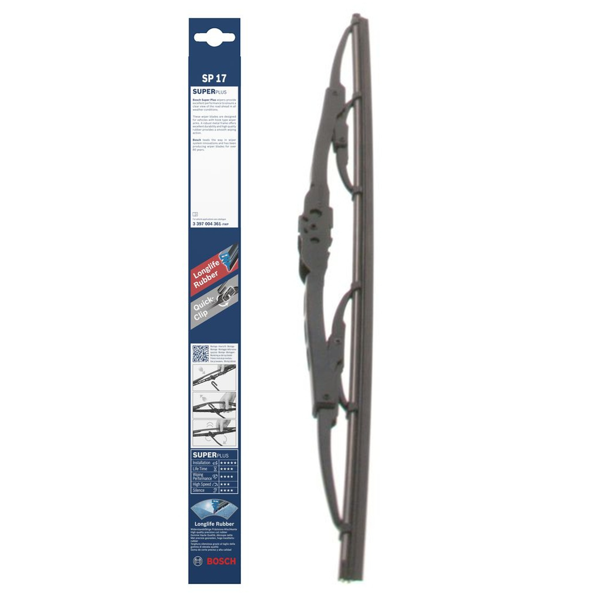 Bosch Super Plus conventional windshield wiper blade, 17-inch (425mm), durable metal frame car wiper blade, model SP17