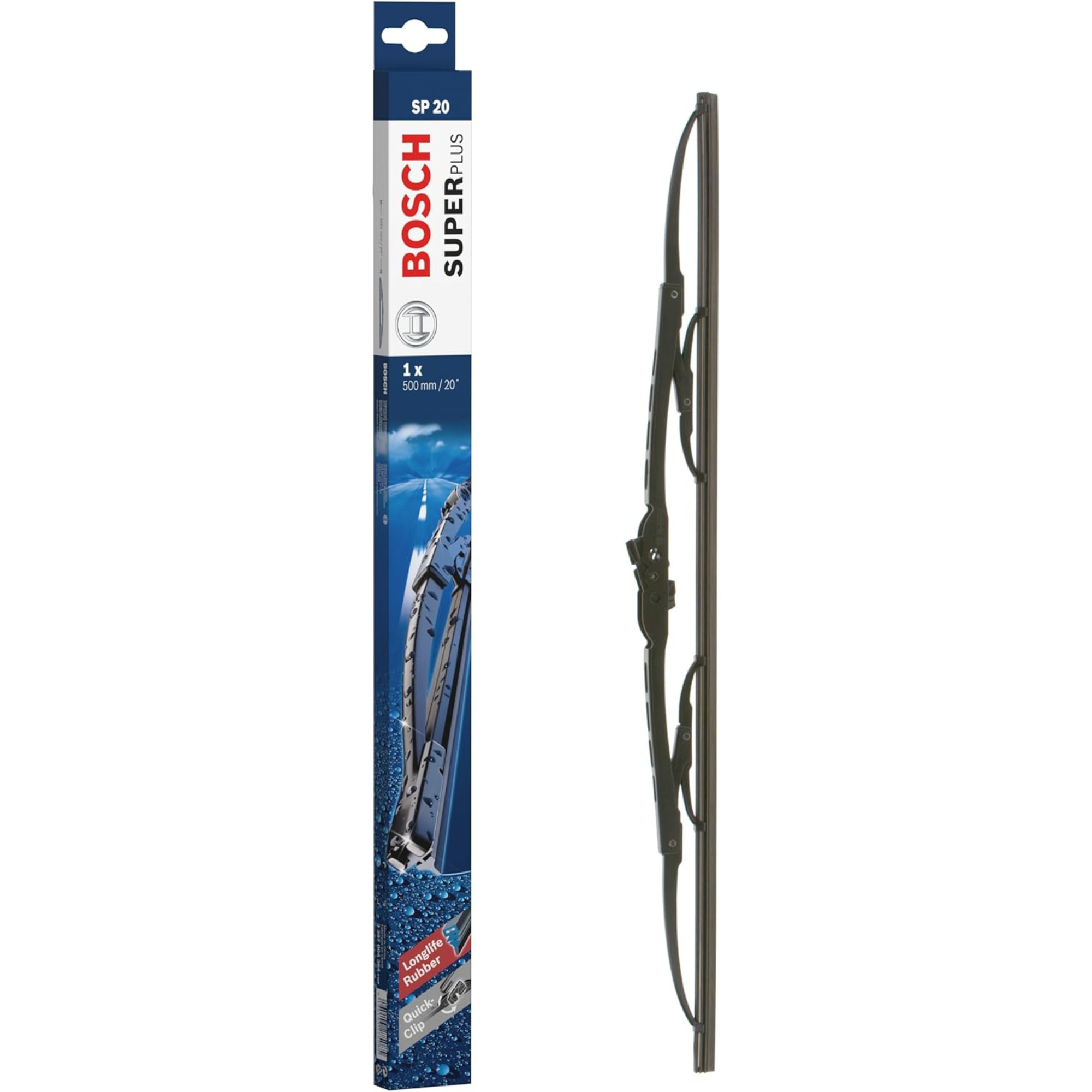 Bosch Super Plus Conventional Wiper Blade 20 inch (500mm), model SP20, black, designed for front windshield of cars