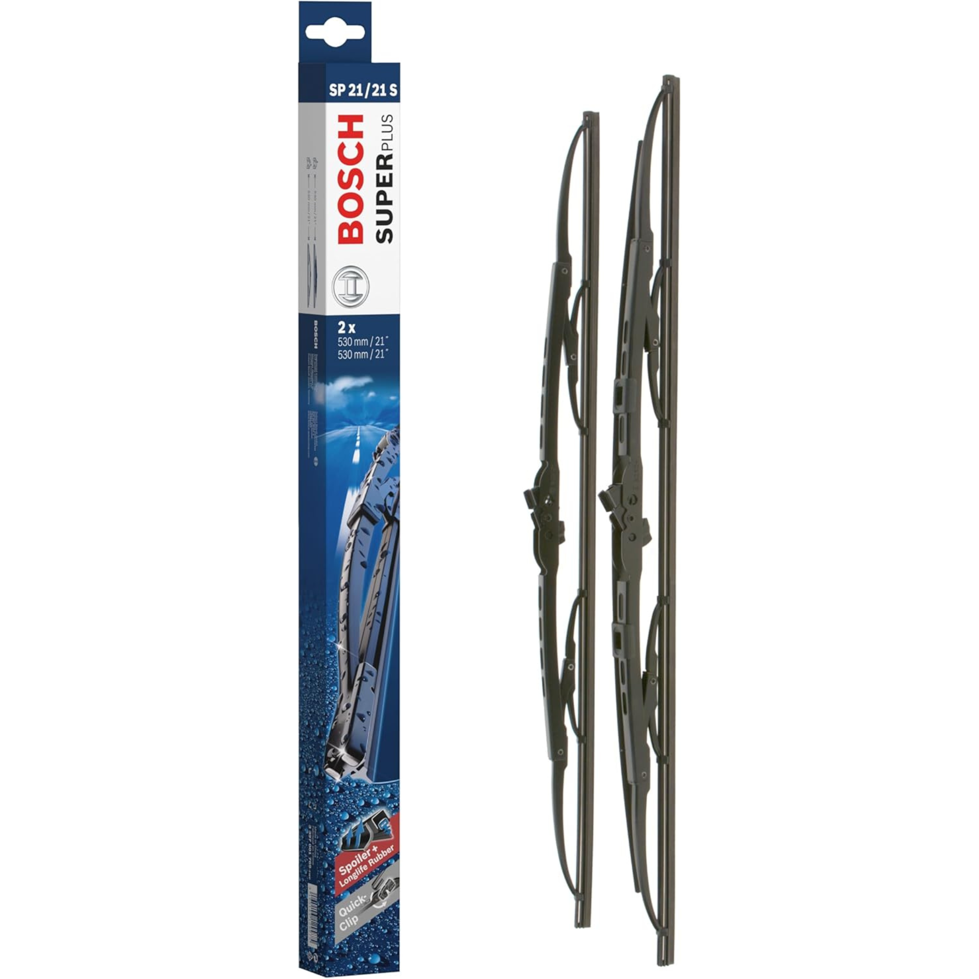 Bosch Super Plus Conventional Wiper Blade Set, 21-inch (525mm) driver and passenger blades, model SP21/21S, designed for smooth and streak-free windshield cleaning