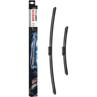 Bosch Aerotwin Flat Wiper Blade Set 24" (600mm) & 13" (340mm) - A300S frameless windshield wipers with aerodynamic design and durable rubber blades for quiet, streak-free front window wiping