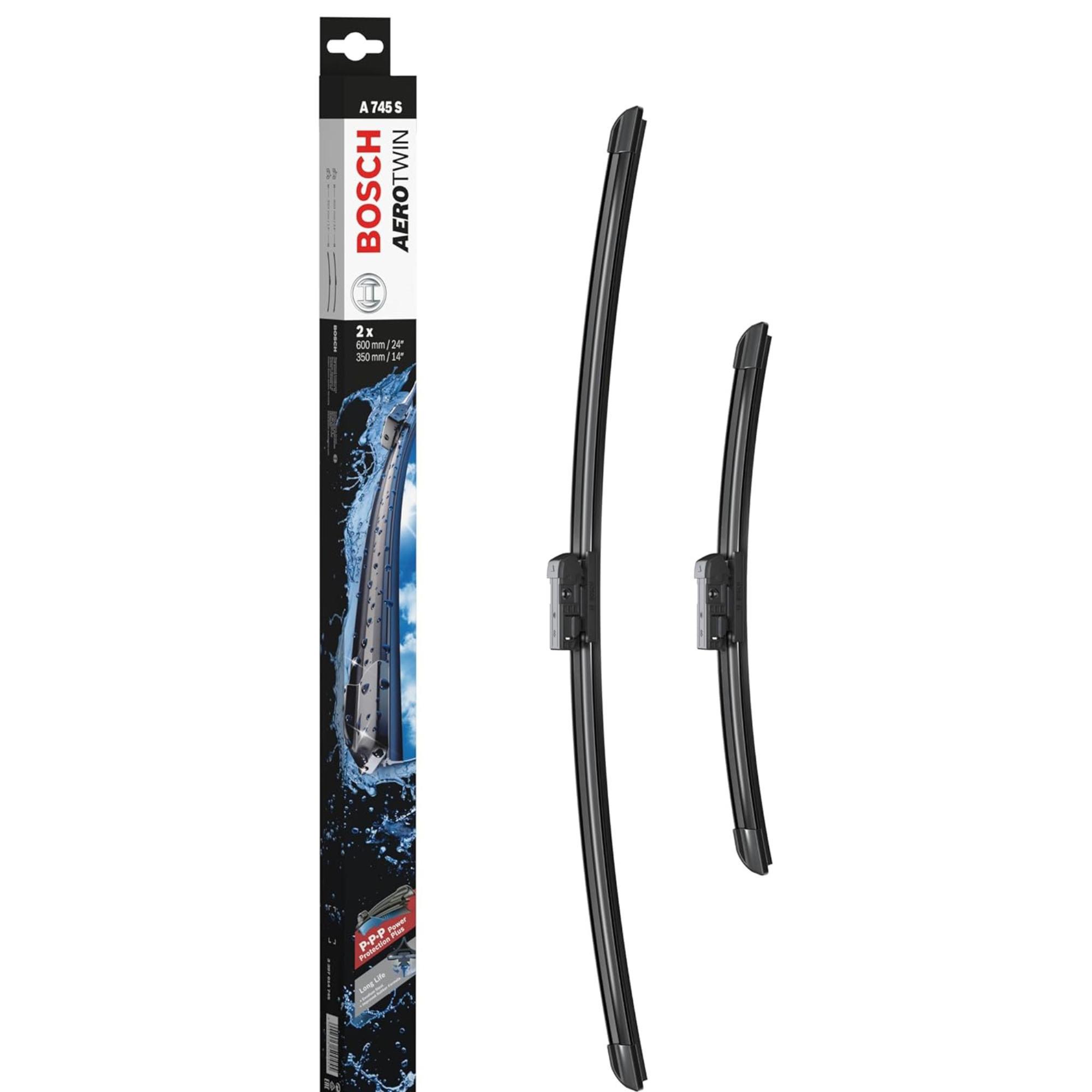 Bosch Aerotwin Flat Wiper Blade Set 24" (600mm) & 14" (350mm) - A745S) passenger blades, model A745S, for aerodynamic, streak-free windshield cleaning