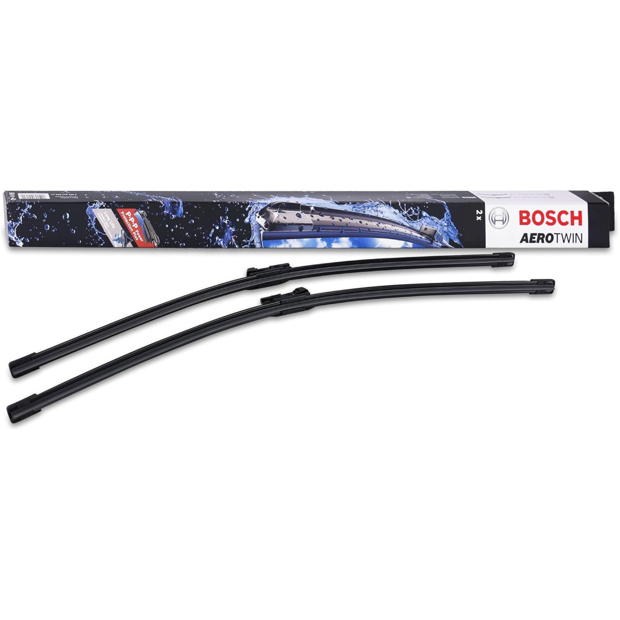 Bosch Aerotwin Flat Wiper Blade Set 24" (600mm) & 19" (475mm) - A606S aerodynamic windshield wiper blades designed for quiet operation, even pressure distribution, and clear visibility during rain.