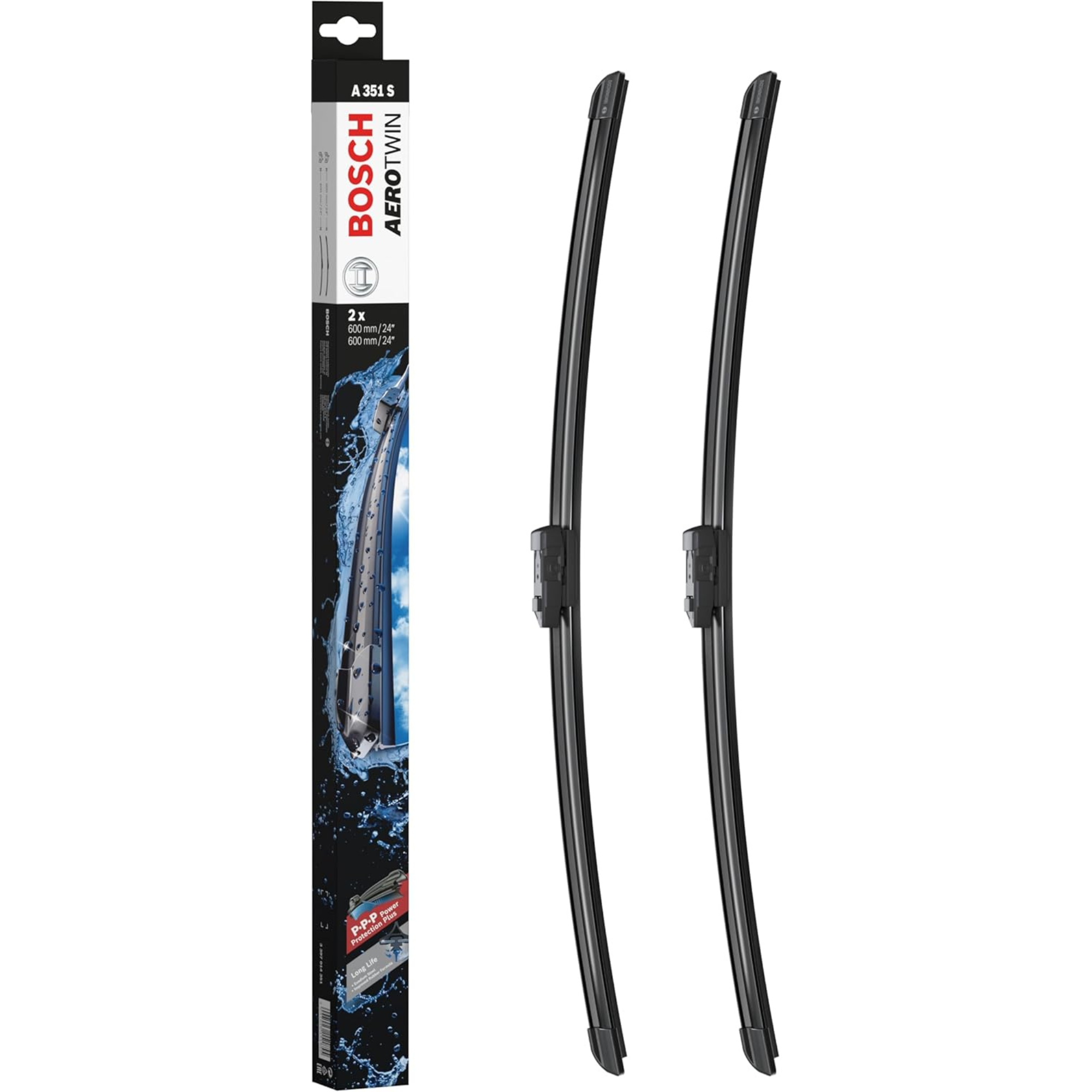 Bosch Aerotwin Flat Wiper Blade Set 24" (600mm) & 24" (600mm) - A351S), frameless aerodynamic car wiper blades, model A351S