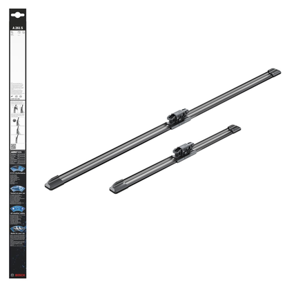 Bosch Aerotwin Flat Wiper Blade Set 26" (650mm) & 14" (360mm) - A261S, frameless aerodynamic car wiper blades, model A261S